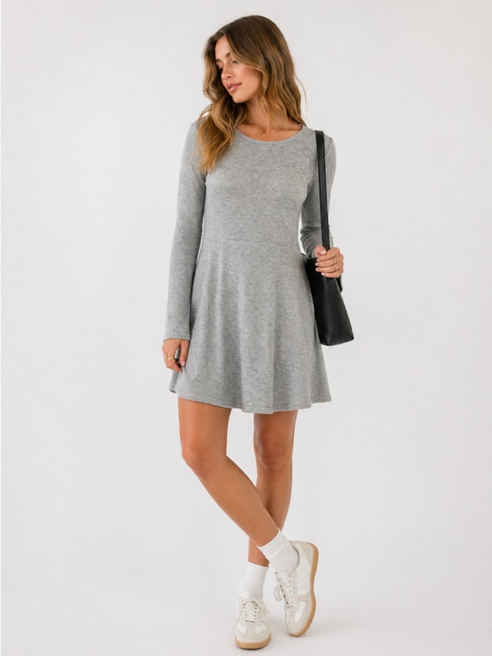 Gray Skater Mini Dress S Long Sleeve Fit Flare Casual Soft Girl Minimalist